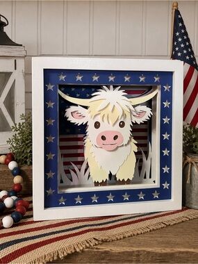 Patriotic Highland Cow Shadow Box • Handmade Americana Decor